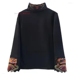 Ethnic Clothing 2023 Chinese National T-shirt Traditional Flower Embroidery Vintage Hanfu Tops Improved Fleece Lined Stand Collar Base Shirt