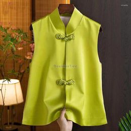 Ethnic Clothing Fluorescent Green Traditional Chinese Top Daily Women Vest Oriental Sleeveless Waistcoat Disc Buckle Tang Suit Qipao