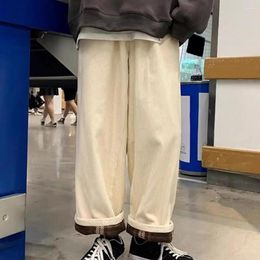 Men's Pants Men Cargo Thick Plush Wide Leg Loose Straight Drawstring Elastic Waist Warm Full Length Solid Commute Long Trousers