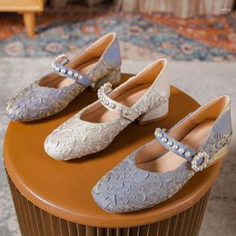 Dress Shoes 2024 Woman Elegant Square Toe Cute Pearl Buckle Wedding Blue 3CM High Heel Female Retro Leather Mary Jane