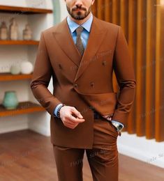 Men's Suits Men Brown Tuxedos Groom Groomsman Prom Wedding Party Formal Business Suit 2 Piece Set Jacket And Pants A21