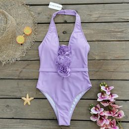 Women's Swimwear Sexy 3D Floral Print 2024 Women Deep V Neck Solid Purple Backless Bathing Suit One Piece Swimsuit Beachwear Monokini