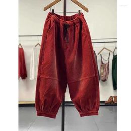 Women's Pants Elastic Waist Loose All-match Plus Size Wide Leg Vintage Corduroy Lantern Trousers Autumn Casual Fashion Women Clothes