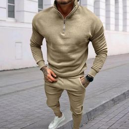 Running Sets Men Pants Suit Casual Two-piece Men's Winter Tracksuit Sweatshirt Trousers Set With Half-high Collar Solid Colour For Thick