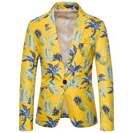 Blazers Mens Suits Blazers PARKLEES Pineapple Printed Men Blazer Slim Fit One Button Casual Holiday Beach Blazer for Men Hawiian Style Sui