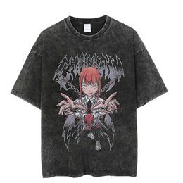 Anime Chainsaw Man T Shirts Makima Haruku Printed Tees 100% Cotton Washed T-shirts Summer Fashion Tops Loose Male Clothes