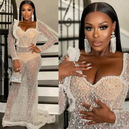 Ivory Aso Ebi Prom Dresses Ivory Mermaid Long Sleeves Sequined Lace Evening Formal Dress for African Arabic Black Women Birthday Party Gowns Pageant Outfit NL210