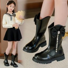 Boots Girls Long Kids Fashion Korean Style Children's Autumn And Winter Princess Soft Sole Leather Bow With Pearls PU