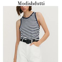 Tanks Modishdutti 2022 Summer Women Fashion Striped Cotton And Linen Sleeveless Vest Casual ONeck Loose Tank Tops Female