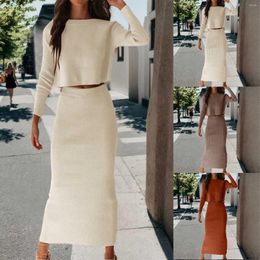 Work Dresses Fashion Solid Sweater Skirt Sets Women's 2024 Rib Knit Long Sleeve Top Slim Fit Half Slit Two Piece Suit