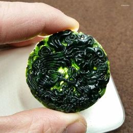 Decorative Figurines Natural Chinese Black Jade Dragon Phoenix Necklace Pendant Fashion Charm Amulet