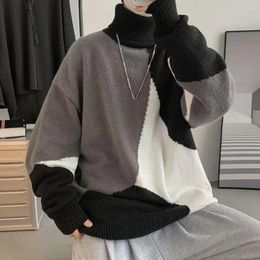 Men's Sweaters Knitted Sweater Colorblock Turtleneck With High Collar Neck Protection Soft Warmth Elastic Mid Length
