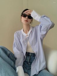 Women's Blouses Blue Striped Shirt For Women In Early Spring And Autumn Front Shoulder Small Standing Collar Long Sleeved Layered