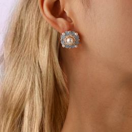 Pearl Rhinestone Circle Earrings Pearl Stud Earrings Vintage Round Shaped Pearl Earrings Colourful for Women Girls