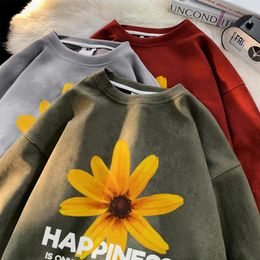 Men's Hoodies Korean Style Men Clothing Suede Sweatshirts Fashion Loose Pullovers Flower Graphic Unisex Tops Hip Hop Male Streetwear