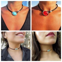 Choker Boho Leather Necklace Vintage Creative Big Turquoise Clavicle Chain Exaggerated Trendy For Women