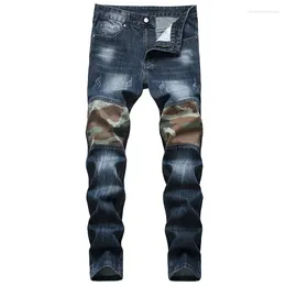 Men's Jeans Men Fashion Knee Patch Straight Slim Luxury Denim Trousers Hole Zipper Camouflage Splicing Pants 29-42