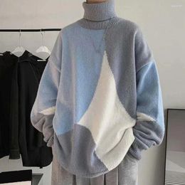 Men's Sweaters Autumn Winter Loose Fit Sweater Colorblock Knitted Turtleneck High Collar Neck Protection Warm Pullover