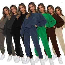 Women's Two Piece Pants Autumn And Winter Corduroy Solid Colour Round Neck Pullover Long Sleeve Two-piece Fashion Suit For Women