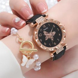 Wristwatches 2pcs Set Women Watch Fashion Elegant Diamond Alloy PU Leather Strap Wristwatch For Ladies Quartz Bracelet