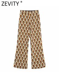 Capris Zevity Women Vintage Contrast Color Geometric Print Zipper Flare Pants Female Chic Elastic Waist Retro Long Length Trousers P845