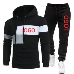 Men's Tracksuits Custom LOGO Men Tracksuit Patchwork Brand Spring Autumn Fleece Hoodies And Pants 2Piece Set Casual Fashion Sport Male Suit