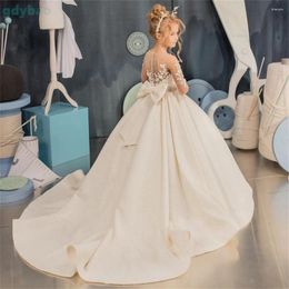 Girl Dresses Elegant Tulle Puffy Flower Dress For Wedding Pearl Applique Long Sleeve Princess Communion Birthday Celebration Party