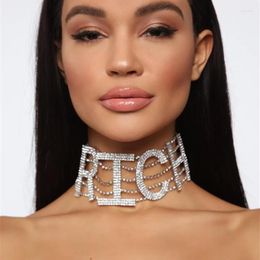 Chokers Necklaces 2022 Fashion Rhinestone Big Letter Choker Necklace For Women RICH Statement Silver Collar Crystal Chain Jewelry316P