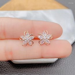 Stud Earrings Copper Inlaid Zircon Hollow Five-petal Flower Female Fashion Simple Korean Version Of High-grade Beautiful