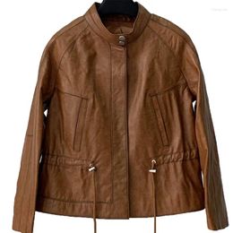 Women's Leather 2023 Autumn Wax Short Drawstring Jacket Sheepskin Motorcycle Tide