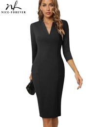 Dresses NiceForever Autumn Women Classy Plain Black Dresses Formal Business Elegant Bodycon Dress B760