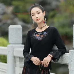 Ethnic Clothing 2023 National Flower Embroidery Base Shirts O-neck T-shirt Chinese Vintage Hanfu Tops Oriental Tang Suit Streetwear