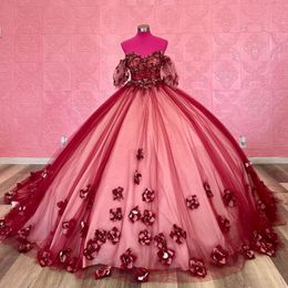 Red Quinceanera Dresses Beaded Formal Prom Lace 3D Flowers Tull Graduation Gowns Princess Vestidos De 15 Anos 2024