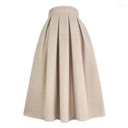 Skirts 2023 Winter Celebrity Style Korean Vintage Simple Elegant High Waist Long Pleated Dark Khaki Woollen Skirt Office Lady Work Wear