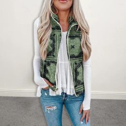 Women's Vests Autumn Winter Women Coat Stand Collar Sleeveless Ethnic Style Tie Dye Outerwear Zipper Placket Pockets Flannel Female