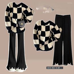 Women's Two Piece Pants Women 2023 Spring Autumn Korean Fashion Chic Casual Loose Plaid Knitted Sweater High Waist Flare Trousers Suits X69