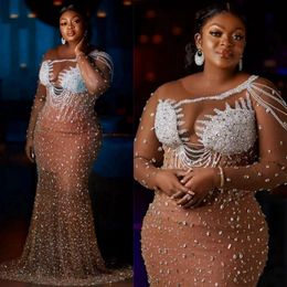 African Plus Size Aso Ebi Prom Dresses for Special Occasions Champagne Long Sleeves Tulle Mermaid Evening Formal Dress Second Reception Gowns Pageant Outfit NL208