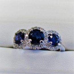 Classical Cocktail Jewellery 925 Sterling Silver Three Stone Blue Sapphire CZ Diamond Gemstones Party Women Wedding Engagement Band 268p