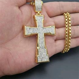 Pendant Necklaces Men's Necklace Iced Out Rhinestones Big Cross For Men Gold Colour Stainless Steel Chain Hip Hop Jewelry2642