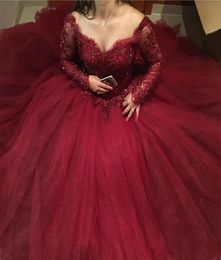 Quinceanera Dresses Dark Red Party Prom Ball Gown Tulle Applique Custom Plus Size Zipper Lace Up New V-neck Long Sleeve Beaded