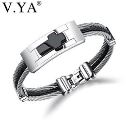 Charm Bracelets V YA 3 Rows Wire Chain Cuff Cross Stainless Steel Men Punk DIY Custom Engrave Man Jewelries Black Silver Colour Ban230c