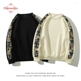 Men's Hoodies 2024 Spring Style Cotton Sweatshirts For Men Fashionable Printed Patchwork Pullovers Black Beige Fashion City Street