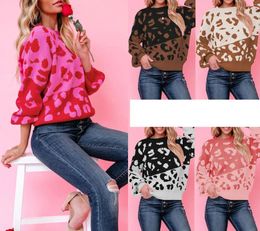 Women's Sweaters Autumn And Winter Round Neck Double Colour Panel Leopard Knitting Fashion Pullover Sweater