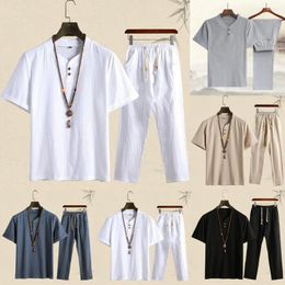 Men's Tracksuits Unique Casual Outfit Skin-friendly O Neck T-shirt Long Pants Set Drawstring Two Piece Men For Summer