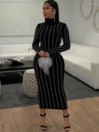 Casual Dresses Mueyaruho 2023 Women Autumn Winter Sexy Bodycon Long Sleeve Turtleneck Slim Fit Solid Black Midi Dress For