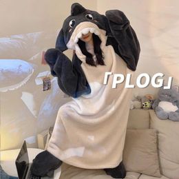 Women's Sleepwear Winter Women Pajamas Night Dress Girls' Nightgown Cartoon Dolphin Flannel Nightshirt Femme Household Hooded Clothes