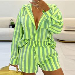 Women's Tracksuits Women Casual Striped Print Suit Fashion Lapel Long Sleeve Tops Pockets Drawstring Shorts Outfits Elegant High Street