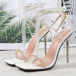 Sandals 2023 Women Summer 10.5cm High Heels Lace Up Cross Strap Metal Chain Crystal Roman Sandles Lady Stiletto Blue Shoes