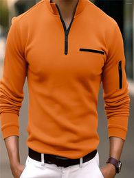 Men's Polos Fashionable Travel Zipper V-neck T-shirt Casual Long-sleeved Polo Shirt Solid Colour Clothes Cloth