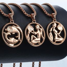 Zodiac Sign 12 Constellation Pendant Necklace for Women Men 585 Rose Gold Womens Necklace Mens Chain Gift Fashion Jewelry GPM21303y